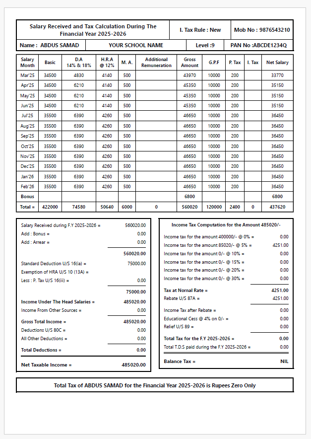 Primary Teachers 2003 2010 2014 2017 Tax Input Salary Statement Sample